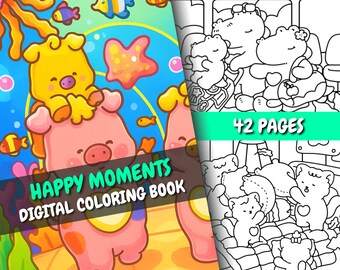 Happy Moments Coloring Book: Cozy Animals, Family Fun (PDF + PNG Digital Download)