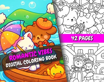 Romantic Vibes Coloring Book | 42 Cute Animal Pages + Bonus Cover | For Adults & Kids | PDF + PNG | Instant Download | Relaxing Coloring