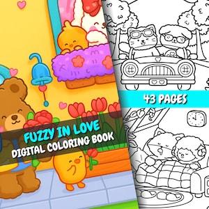 Fuzzy In Love Coloring Book | 43 Cute Romantic Pages + Cover | For Adults & Kids | PDF + PNG | Instant Download | Relaxing Coloring Pages