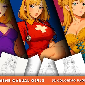Kolorowanka Dziewczyny Anime | Casual Hot Girls | 32 Wydrukowalne Strony Kolorowanki Dziewczyny Anime | Kolorowanka Manga Fantasy dla Dorosłych | Pobierz PDF