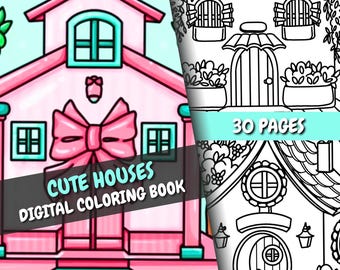 Cute Houses Coloring Pages | 30 Printable Square Pages + Bonus Cover | Simple Line Art | PDF + PNG | Instant Download | For Adults & Kids