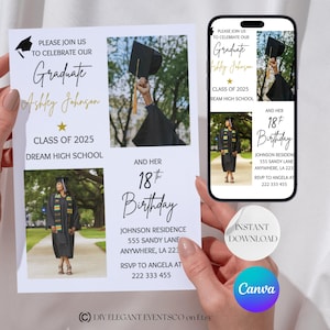Graduierung Einladungsvorlage, Abschlussfeier und Geburtstagseinladung mit Foto, Gemeinsame Party Einladen Vorlage, Erwachsene Doppelfeier