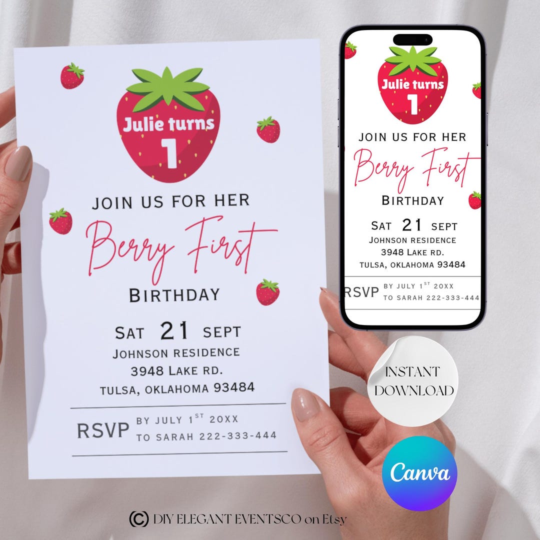 Berry First Birthday Invitation Template, Editable Strawberry 1st ...