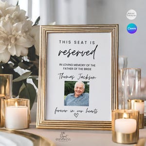 Letrero de boda &quot;Sálvame un asiento&quot;, letrero de asientos reservados para boda en memoria, decoración de silla &quot;Padre de la novia en el cielo&quot;, foto imprimible, Canva