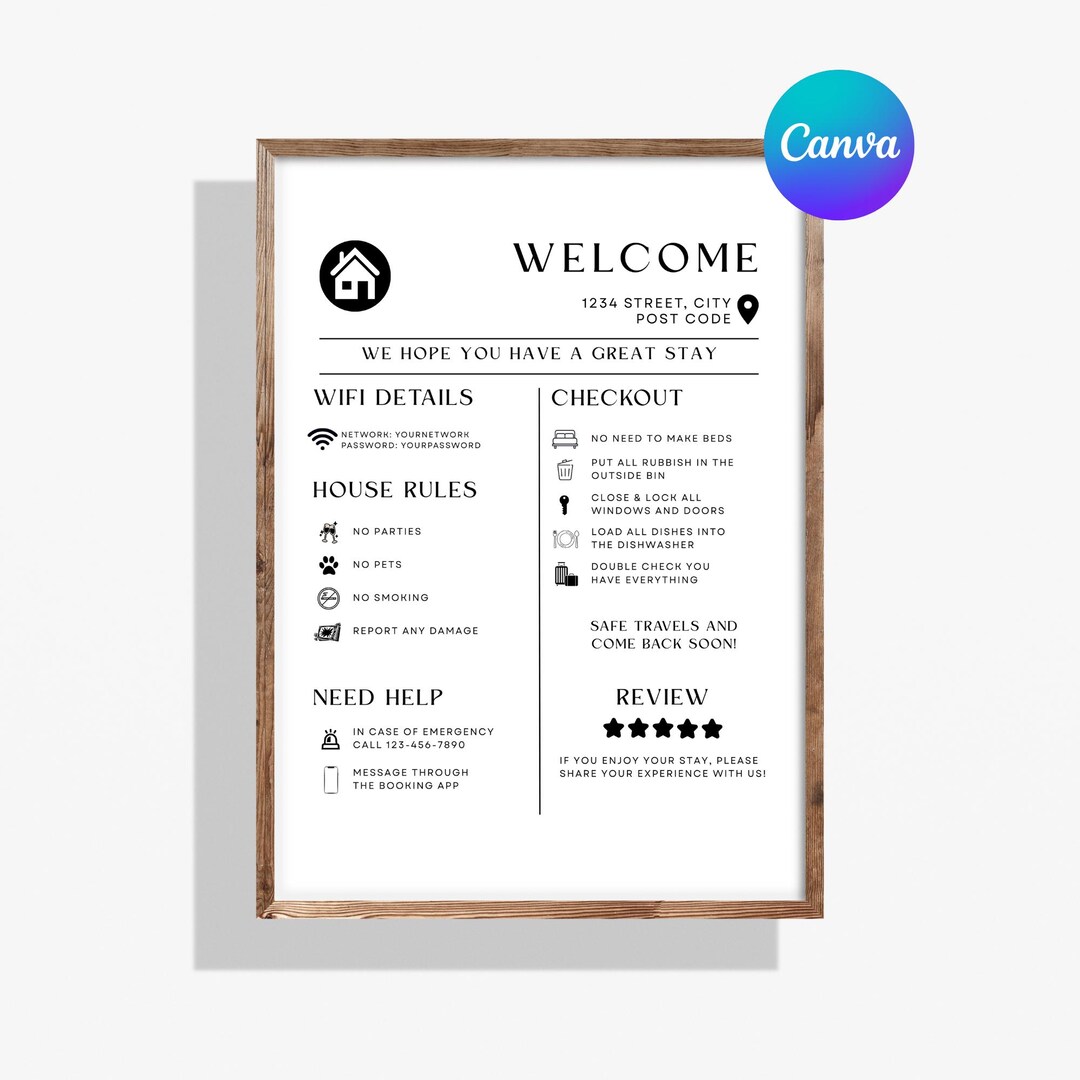 Air Bnb Welcome Sign Template, Editable Short Term Rental Printable, A4 ...