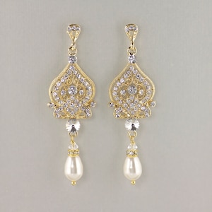 Gold Chandelier Pearl Drop Bridal Earrings, Vintage Wedding Bridal Jewelry,  LUCY Gold