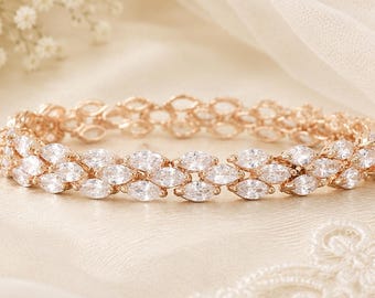 Roségouden bruidsarmband, zirkonia kristal, marquise model, bruidsarmband, trouwsieraden, armband, FELICITY