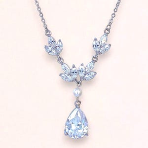 Crystal Y Necklace, Crystal Bridal Necklace, Teardrop Crystal & Pearl Necklace, Bridal Jewelry, HAYLEY Y