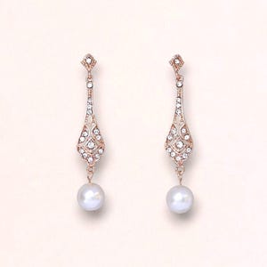 Rose Gold Crystal Earrings, Rose Gold Bridal Jewelry, Bridal Pearl Drop Earrings, Pink Gold Pearl Earrings, Bridal Jewelry, VIOLET RGP