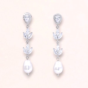 Long Pearl Drop Crystal Earrings, Long Crystal Pearl Bridal Earrings, Pearl Dangle Bridal Earrings, Rose Gold & Gold Earrings, HAYLEY TD