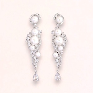 Pearl Bridal Earrings, Bridal Crystal Earrings, Crystal and Pearl Dangle Earrings, Chandelier Earrings, Silver Pearl Wedding Earrings, TILLY