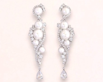 Pearl Bridal Earrings, Bridal Crystal Earrings, Crystal and Pearl Dangle Earrings, Chandelier Earrings, Silver Pearl Wedding Earrings, TILLY