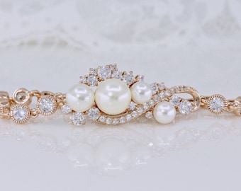 Rose Gold Bridal Bracelet, Rose Gold Jewelry, Wedding Bracelet, Bridal Jewelry, Crystal & Pearl Bracelet, Rose Gold Bridal Jewelry, TILLY