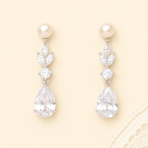 Pendientes de novia de cristal y perlas en forma de lágrima, pendientes colgantes de cristal marquesa, pendientes de boda de cristal en oro blanco, pendientes de novia, ASHLEY PP