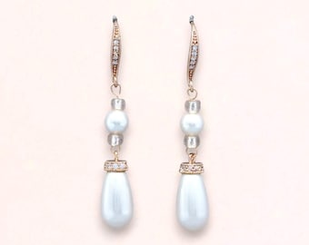 Pearl Drop Rose Gold Earrings, Bridal Earrings, Swarovski Pearl Bridal Earrings, Wedding Jewelry, Bridesmaids Pearl Earring Gifts VANESSA