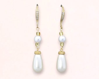 Pearl Drop Gold Earrings, Pearl Drop Bridal Earrings, Swarovski Pearl Bridal Earrings, Wedding Jewelry, Bridesmaids Pearl Earring, VANESSA