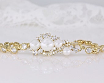 Gold Bridal Bracelet, Gold Wedding Jewelry, Bridal Jewelry, Gold, Gold Crystal & Pearl Bracelet, Pearl Wedding Jewelry, TILLY