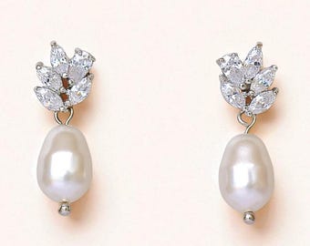CZ Pearl Drop Earrings, Bridal Earrings, Crystal & Pearl Bridal Earrings, Silver Teardrop Wedding Earrings, Bridal Jewelry, LILIANNE S