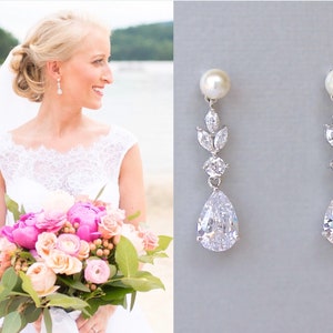 Crystal Pearl Teardrop Bridal Earrings, Marquise Crystal Drop Earrings, White Gold Crystal Wedding Earrings, ASHLEY PP image 1