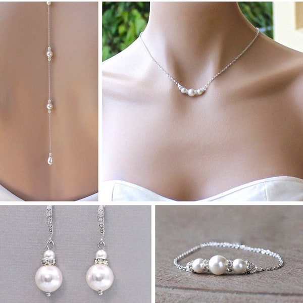 Conjunto nupcial de perlas, collar de perlas mínimo, pulsera de boda de perlas, pendientes de perlas, conjunto nupcial, conjunto de bodas