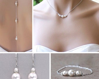 Pearl Bridal Set, Minimal Pearl Necklace, Pearl Wedding Bracelet, Pearl Earrings, Bridal Set, Wedding Set