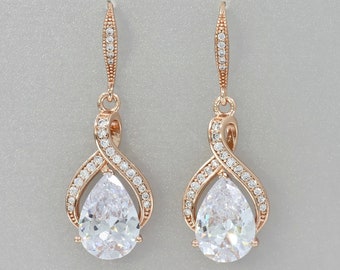 Rose Gold Crystal Earrings, Rose Gold Teardrop Bridal Earrings, Crystal Dangle Earrings, Wedding Jewelry, RIBBON