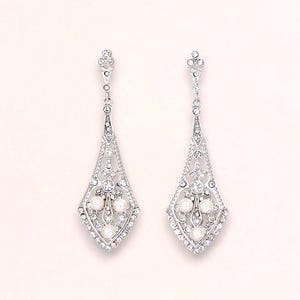 Kristallen parel bruids kroonluchter oorbellen, bruids oorbellen, bruiloft oorbellen, bruidssieraden, vintage deco stijl kroonluchter oorbellen, EMILY