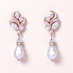 Pearl Dangle Rose Gold Earrings, Bridal Earrings, Wedding Jewelry, Earrings, Crystal Marquise CZ Bridal Earrings, Bridesmaids Gift, FLEUR RG