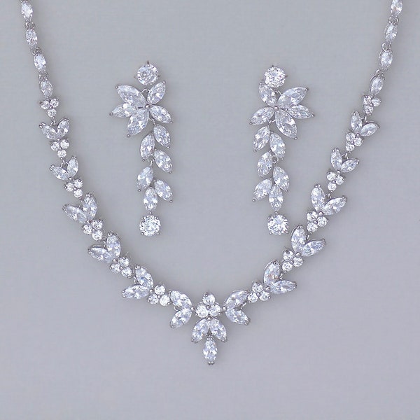 Crystal Bridal Set, Bridal Jewelry Set, White Gold Necklace & Earring Set, DENISE/MAXIME