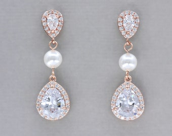 Rose Gold Teardrop Earrings, Rose Gold Crystal Pearl Bridal earrings, Clip On Earring Option, Wedding Earrings, TAMARA RG 1P