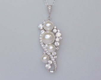 Pearl & Crystal Bridal Necklace, Crystal and Natural Pearl Pendant Necklace, Wedding Jewelry, TILLY