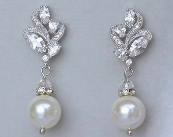 Ivory White Pearl Earrings, Crystal and Leafy Pearl Bridal Earrings, Wedding Jewelry, Bridesmaid Earrings, FLORA
