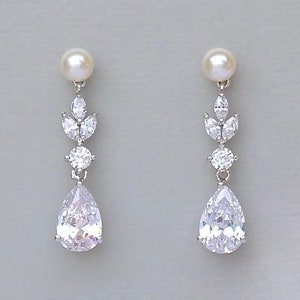 Crystal Pearl Teardrop Bridal Earrings, Marquise Crystal Drop Earrings, White Gold Crystal Wedding Earrings, ASHLEY PP image 2