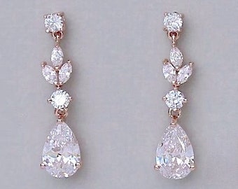 Boucles d’oreilles en cristal d’or rose, boucles d’oreilles de mariée en or rose, boucles d’oreilles de mariée en or rose, ASHLEY RGC