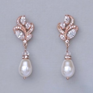 Pearl Dangle Rose Gold Earrings, Crystal Marquise CZ Bridal Earrings, Bridesmaids Gift, FLEUR RG