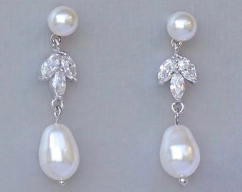 Pearl Bridal Earrings, Pearl Bridal Earrings, Pearl Stud Earrings, Silver Crystal Pearl Drop Earrings, HAYLEY PP