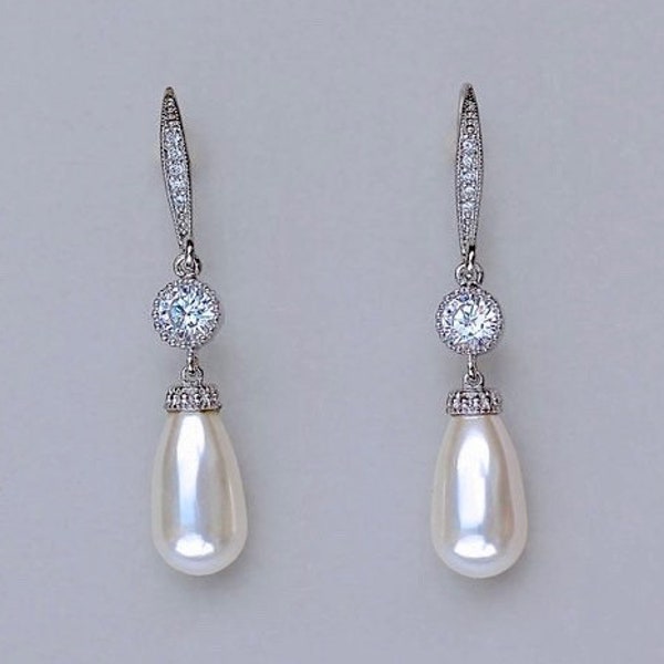 Pearl Drop Earrings, Ivory Pearl Bridal Earrings, Swarovski Pearl Earrings, Pearl & Crystal Wedding Earrings, AUDREY