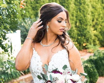 Crystal Bridal Set, Bridal Jewelry Set, White Gold Necklace & Earring Set, DENISE/MAXIME