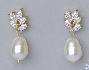 Crystal Pearl Drop Gold Earrings, Gold Pearl Bridal Earrings,  Gold Bridesmaids Jewelry LILIANNE G