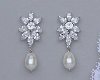Crystal Pearl Drop Bridal Earrings, Swarovski Teardrop Earrings, Marquise Crystal & Pearl Wedding Earrings, COLETTE