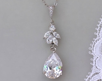 Crystal Bridal Necklace, Silver Teardrop Wedding Necklace, Bridal Jewelry, ANNIE S