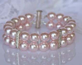 Pink Blush Pearl Cuff, Pink Bridal Bracelet, Pink Blush Pearl Bracelet,  Swarovski Pearl Bracelet