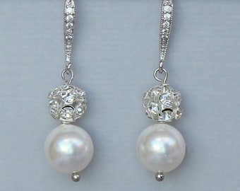 Pavè Crystal & Pearl Drop Bridal Earrings, Silver Pearl Bridal Jewelry, CARMEN