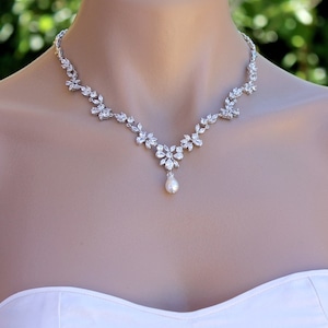 Marquise Crystal Bridal Necklace, Pearl Drop Crystal Necklace, Crystal Bridal Jewelry, Wedding Necklace, Crystal Wedding Jewelry, ASHLEY