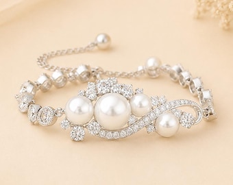 Bridal Bracelet, Silver Bridal Bracelet, Crystal Bracelet, Pearl Bracelet, Crystal Wedding Bracelet, Pearl Jewelry, Bridal Jewelry, TILLY
