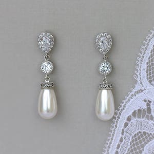 Pearl Bridal Earrings, Pearl Drop Earrings, Crystal & Pearl Wedding Earrings, Silver Pearl Earrings, AUDREY Pearl image 1