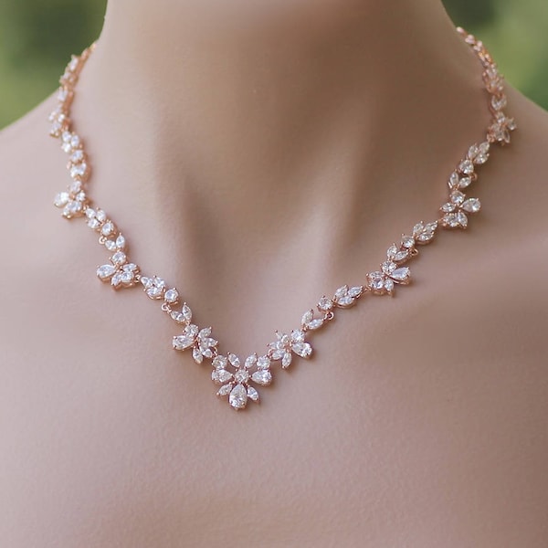 Rose Gold Crystal Necklace, Crystal Bridal Necklace, Rose Gold Bridal Jewelry, Collier de Cristal ASHLEY RG