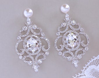 Chandelier Crystal Earrings, Pearl Stud Earrings, Crystal Bridal Earrings, Vintage Wedding Jewelry, Crystal Post Option, ADELE PP