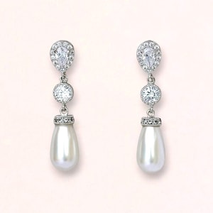 Pearl Bridal Earrings, Bridal Pearl Earrings, Pearl Drop Earrings, Crystal & Pearl Wedding Earrings, Silver Pearl Earrings, AUDREY Pearl