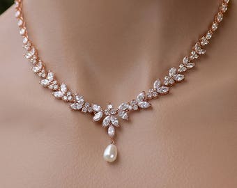 Crystal Bridal Jewelry, Rose Gold Crystal Bridal Necklace,  Rose Gold Wedding Jewelry,  DENISE RG